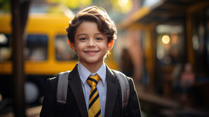 Back to school, happy smiling handsome schoolboy in suit with backpack outdoors on a sunny day looking at camera