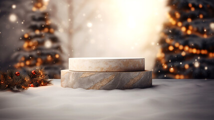 marble podium with blurred winter forest view of pine trees and snow, Christmas product presentation and sale background