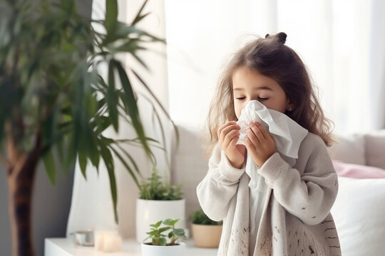 Young girl at home, blowing nose into a handkerchief. Seasonal illnesses in childhood, influenza scene