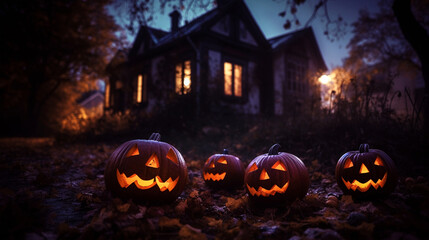 Scary Halloween background, with pumpkins and scary house, trees close to cemetery