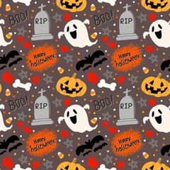 Halloween seamless pattern - creepy pumpkin lanterns with scary faces, traditional holiday halloween symbols ,seamless texture