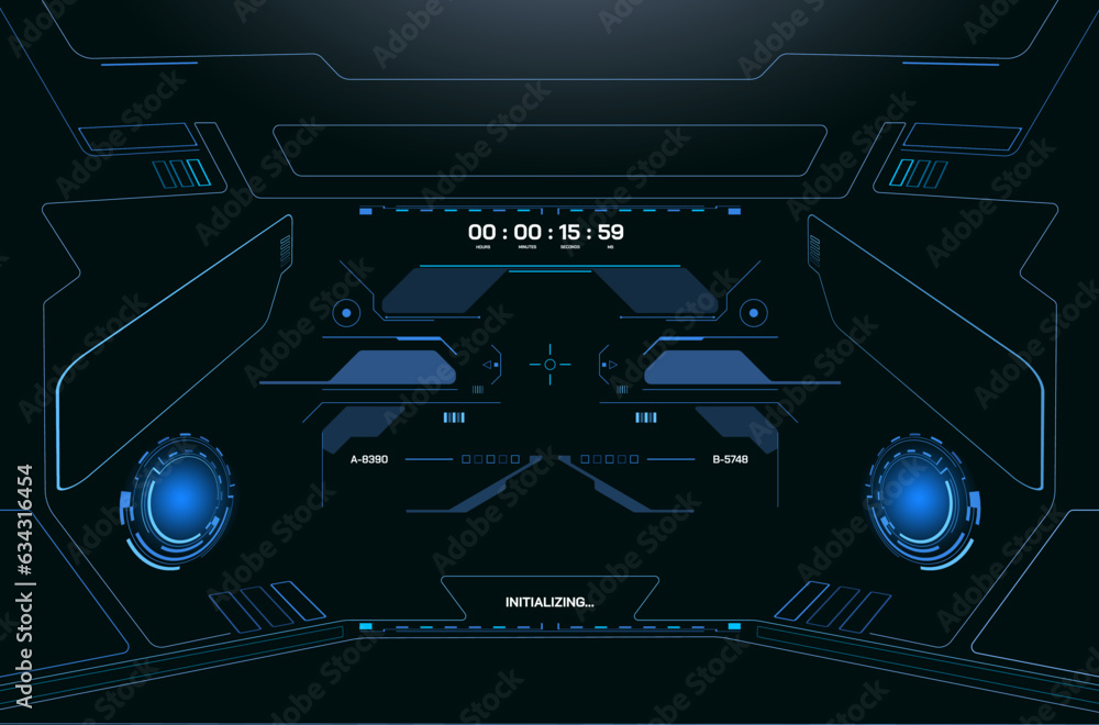 Poster HUD target screen monitoring system display. Accuracy aiming crosshair on spaceship drone concept vector.