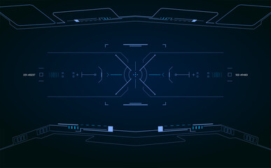 HUD futuristic cockpit, aiming, drone interface screen element. High technology UI GUI template monitoring system display vector.