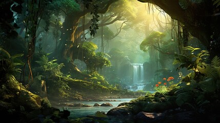  a painting of a forest with a waterfall in the background.  generative ai