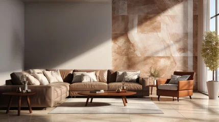 Foto op Aluminium modern living room with large windows flooded with daylight in warm pastel colors © Konstantin