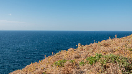 Fototapeta na wymiar Spectacular Aegean Sea view from a hillside in Kalekoy. Gokceada, Turkey