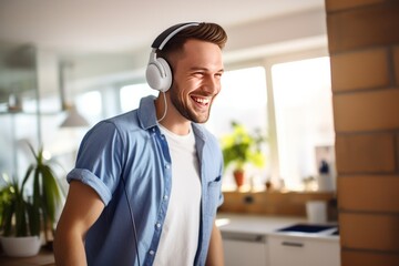 Fototapeta premium Smiling young man wearing wireless headphones cleaning the kitchen or house. He has fun