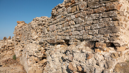 Ancient ruined Kalekoy castle (Genoa Castle)  wall from Gokceada in northern Aegean of Turkey. Imbros island, Canakkale, Turkey