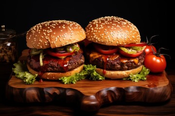 Two beef burgers with sauce on wooden cutting board