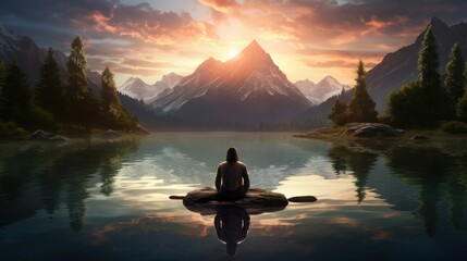 Transcendent Reflections: A person meditating beside a tranquil lake, with their reflection transforming into various serene scenes | generative AI