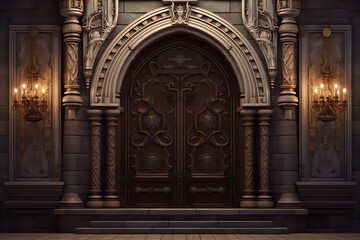 Wooden doors in a medieval castle, video game graphics, movie set.