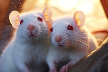 White rats with red eyes, close-up