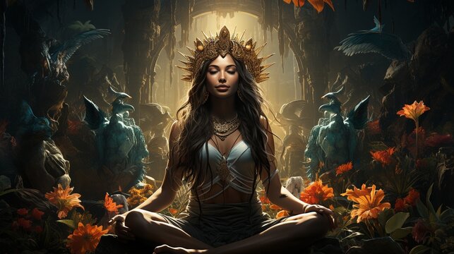 a goddess meditating amid stunning, exquisitely detailed, iridescent vegetation in the Amazon rainforest