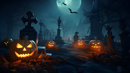 Fototapeta premium Halloween festival and pumpkins in the cemetery on a night with ghosts in the night - Halloween background