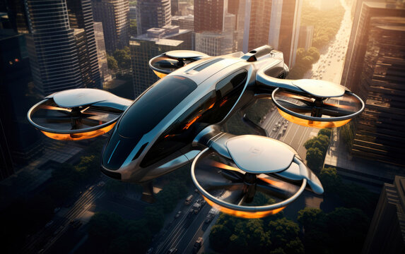 Electric air taxi eVTOL flying high over a city during the golden hour sunset. Urban Air Mobility, concept of future transportation