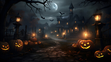 Halloween festival and pumpkins in the cemetery on a night with ghosts in the night - Halloween background