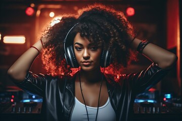 Beautiful young afro woman dj in headphones in a nightclub, music and dancing. AI generated
