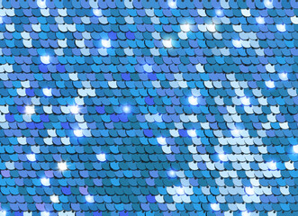 Shiny blue sequins or paillettes on fabric. Glittering sequined shining scales texture. Metallic background - 634320270