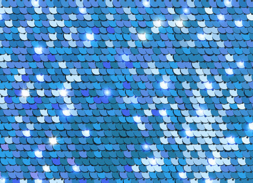 Shiny blue sequins or paillettes on fabric. Glittering sequined shining scales texture. Metallic background
