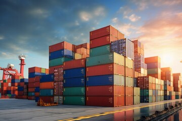 Stack of Containers Cargo Ship Import or Export in Harbor Port, Cargo Freight Shipping of Container Logistics Industry. Transport Distribution, Business Commercial Dock.