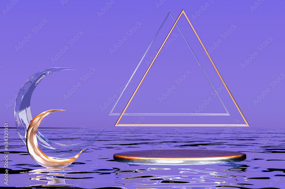Poster 3d purple background with empty round podium for displaying products. abstract triangle, golden moon