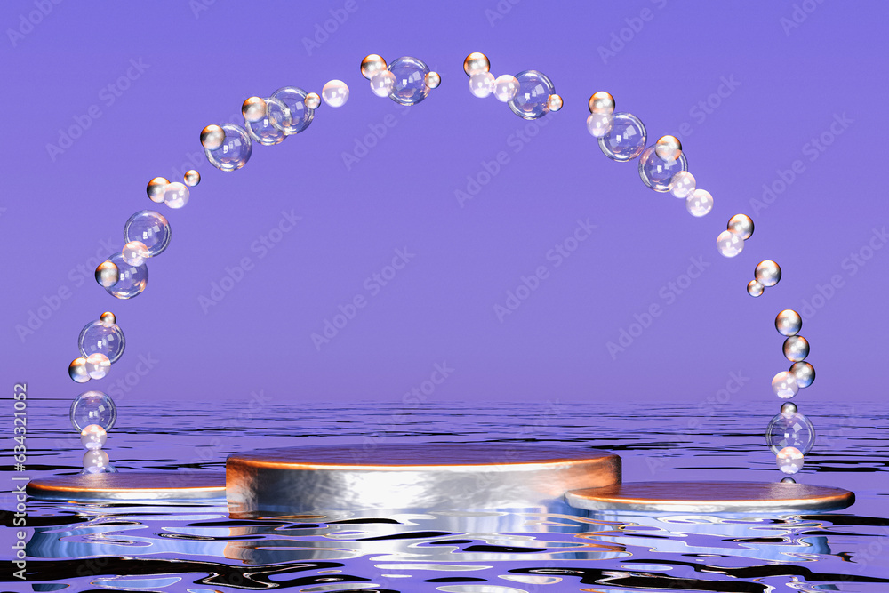 Poster 3d purple background with empty round podium for displaying products. abstract sea and bubble arch. 