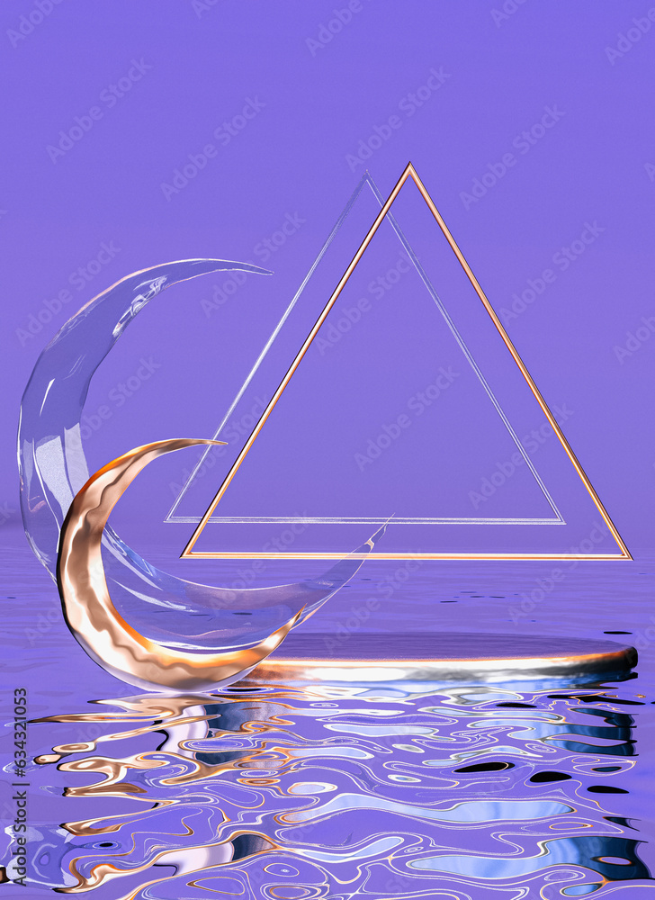 Poster 3d purple background with empty round podium for displaying products. abstract triangle, golden moon