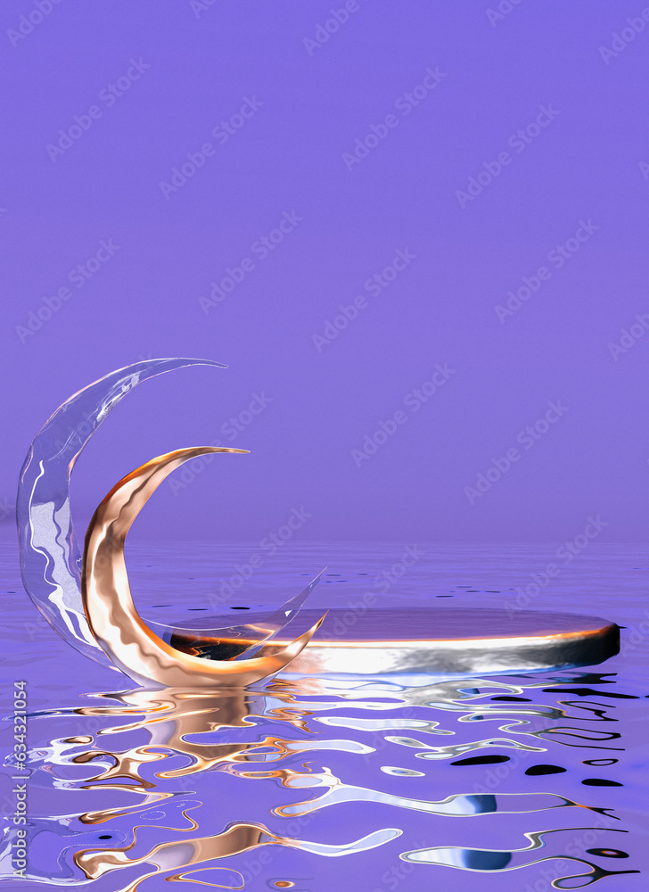 Poster 3d purple background with empty round podium for displaying products. abstract golden half moon and 