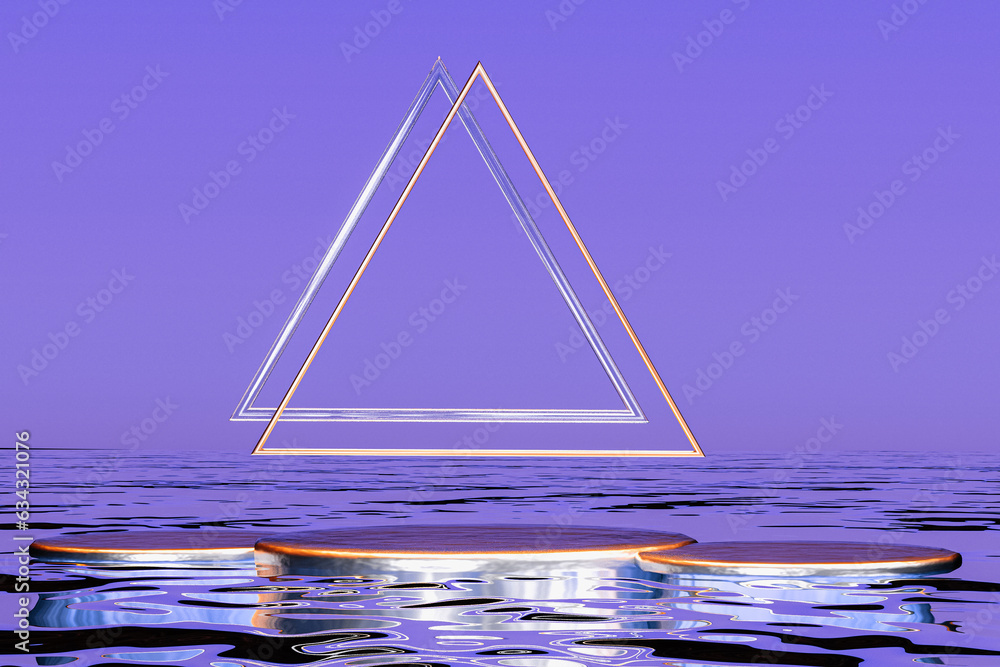 Poster 3d purple background with empty three round podium for displaying products. abstract triangle and wa
