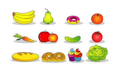 Color vector set with fruits, vegetables and sweets