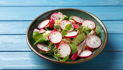 Tasty salad with radish in bowl on blue wooden table