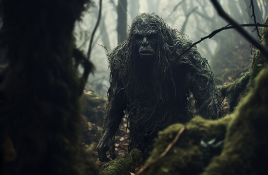 Bigfoot Sasquatch is hiding in spooky forest realistic photo character generative AI illustration. Myth legend in the woods concept