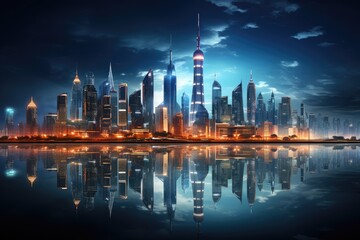 Fototapeta na wymiar Futuristic city skyline illuminated with neon lights - AI Generated