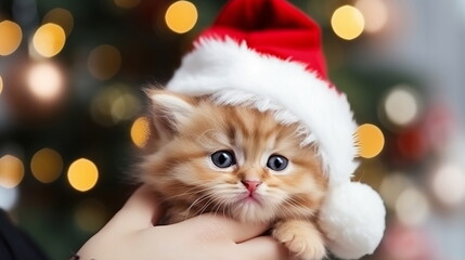 adorable kitty cat in santa claus hat in small girl hands on background Christmas festive blurred light 