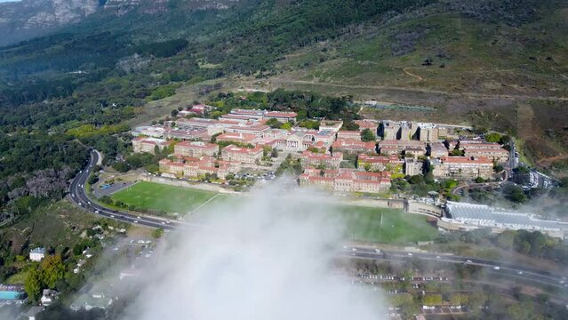  Aerial View of Historic University Campus on Mountain Slopes with Low Mist, Cape Town