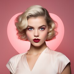 A fashionable woman with blonde hair, red lipstick, and a heart full of love poses for a romantic makeover portrait in her indoor wall setting