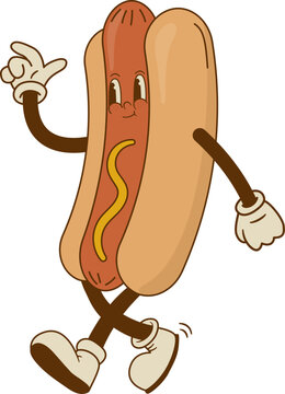 Naklejki Cartoon hot dog character in retro 70s style. Street food vector illustration. Vintage bratwurst mascot poster. Nostalgia 60s, 1970s, 80s