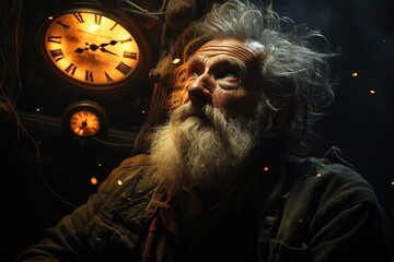 Alone old man. Headshot portrait in evening darkness with clocks. Time concept