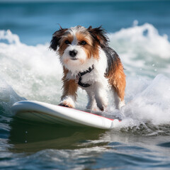lifestyle photo dog riding surfboard on small wave