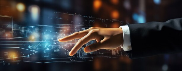 A person's hand tenderly grazes a glowing screen, the light illuminating the connection between the human and technology