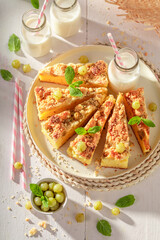 Sweet gooseberry butter cake as traditional dessert.