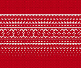 Christmas seamless ornament. Xmas print border. Red knitted geometrical pattern. Fair isle traditional holiday background. Festive sweater. Vector illustration.