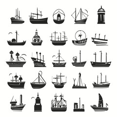 Ship icons and silhouettes in all black colors. 