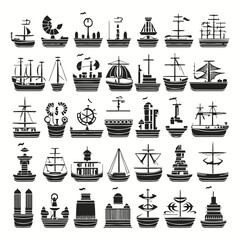 Ship icons and silhouettes in all black colors. 