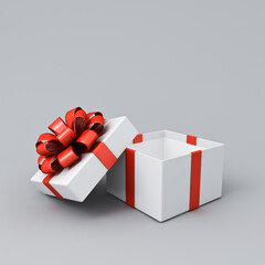 Blank white present box open or opened gift box with red ribbons and bow isolated on white grey background with shadow minimal creative idea conceptual 3D rendering