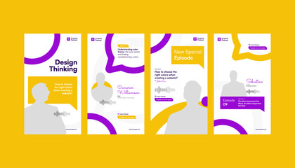 Modern Callout Pattern Podcast Media Promotion Set, featuring Vertical, Standee, Roll-up Banner, and Social Media Story Templates. Infuse your podcast brand with contemporary.