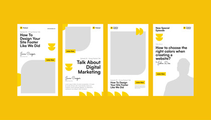 Yellow Geometric Pattern Podcast Media Promotion Set with Vertical, Standee, Roll-up Banner and Social Media Story Template