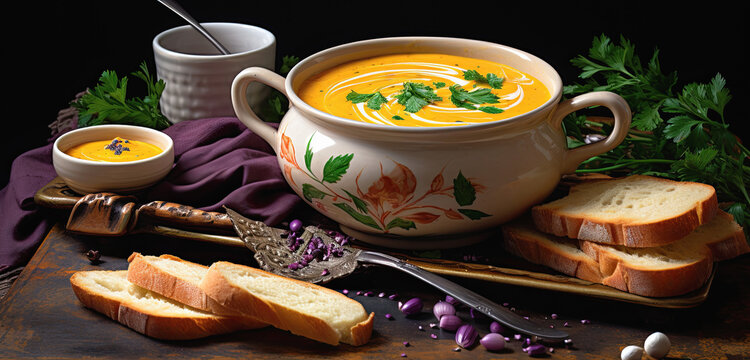 puchero de pure de calabaza con perejil sobre mesa de madera, decorada con pan, servilleta morada perejil , sobre fondo negro, de ia generativa