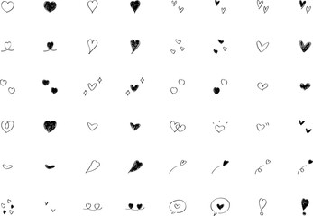 イラスト素材：かわいい手書きのベクターのハートセット　黒　白黒　Hand drawn vector black heart illustration set