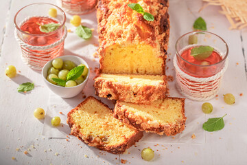 Delicious gooseberry yeast cake made of berry fruits.